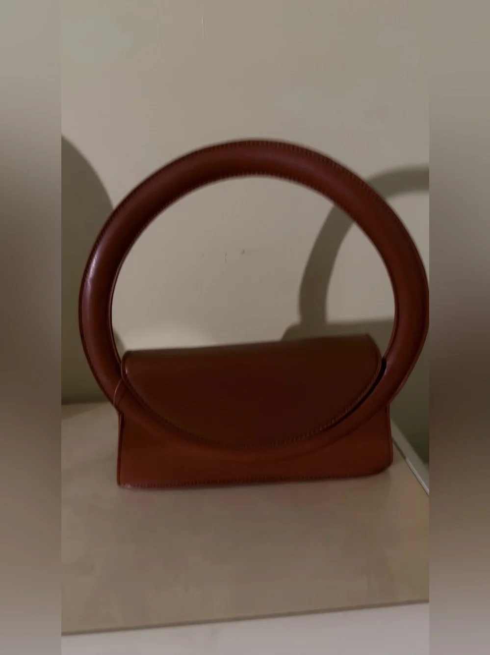 Women's Tan Circular Handle Leather Handbag